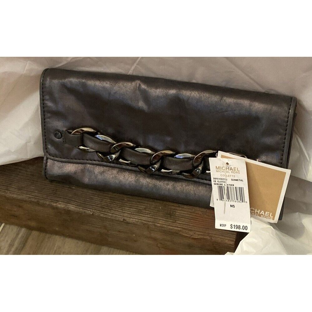 Michael Kors Leather Gunmetal Gray‎ Chain Clutch Purse NWT
